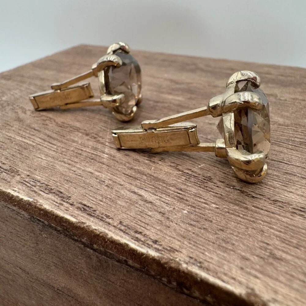 Vintage Swank Smoky Quartz Checkerboard Faceted Gold Tone Cufflinks